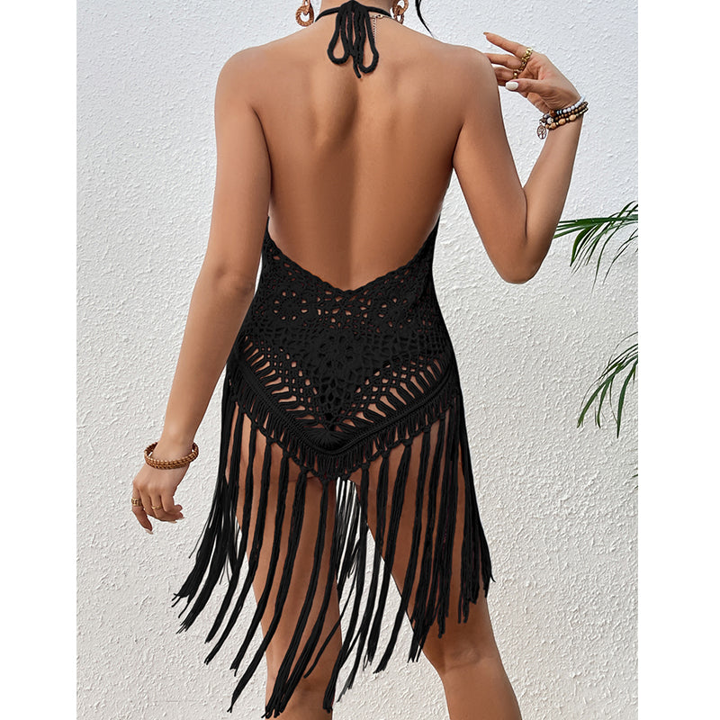 Beach Vacation Sexy Big Backless Hand Crocheting Lace Up Cutout Tassel Bikini Short Top