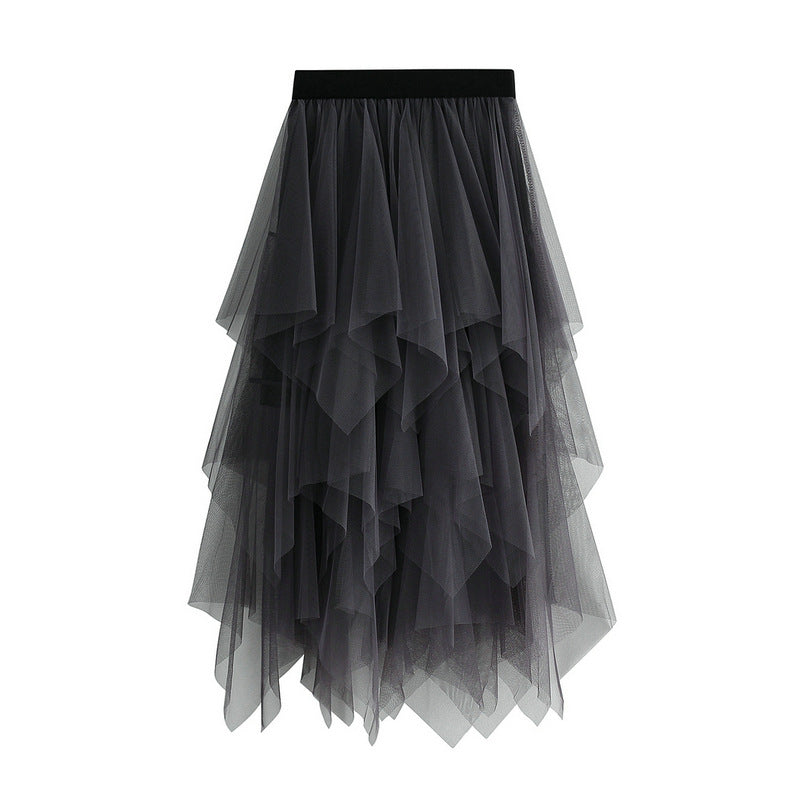 Irregular Asymmetric Mesh Skirt Women Mid Length Spring Gauze Skirt High Waist All Matching Slimming Skirt