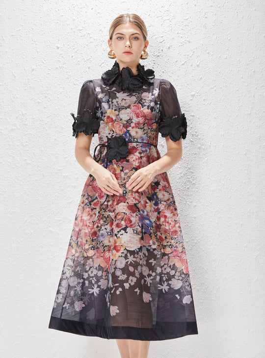 Three Dimensional Flower Stand Collar High End Temperament Holiday A Pendulum Dress