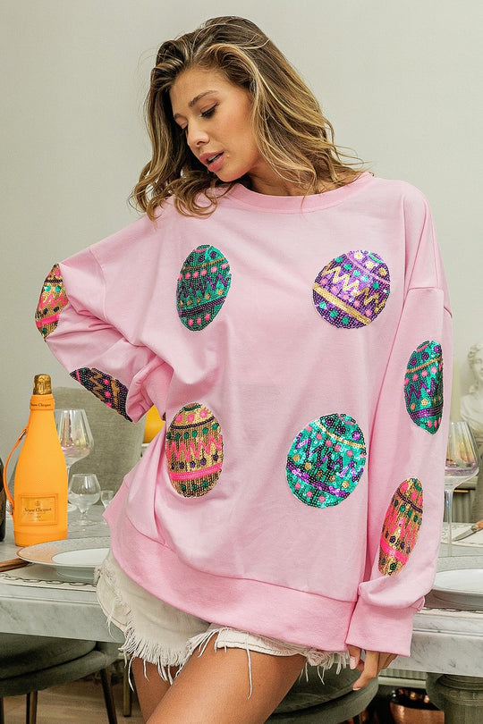 Spring Easter Egg Sequined Sweater Pullover Long Sleeve Top Women Outerwear