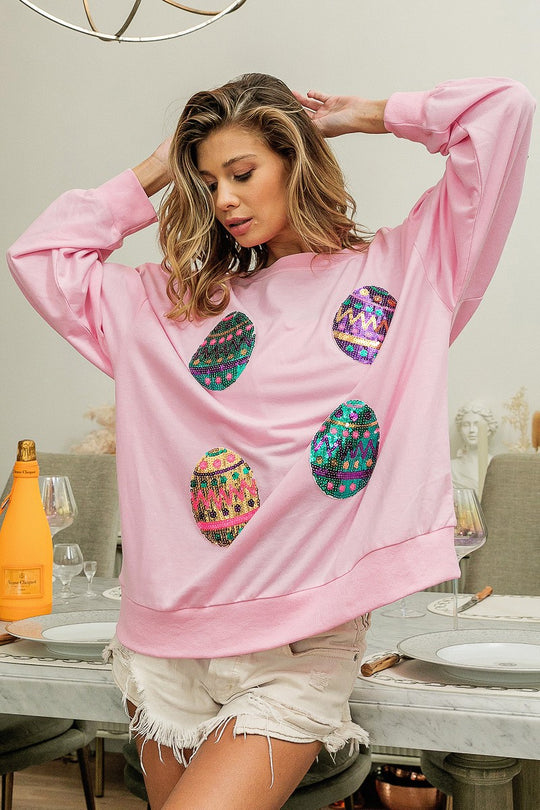 Spring Easter Egg Sequined Sweater Pullover Long Sleeve Top Women Outerwear