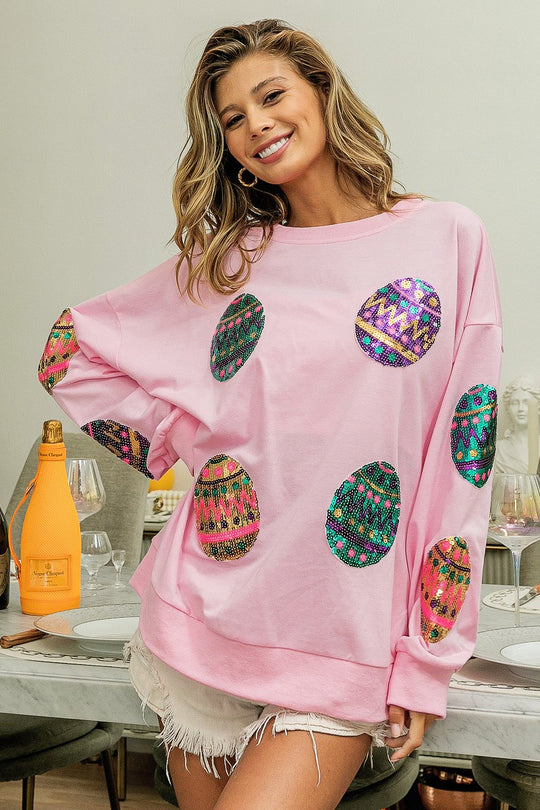 Spring Easter Egg Sequined Sweater Pullover Long Sleeve Top Women Outerwear