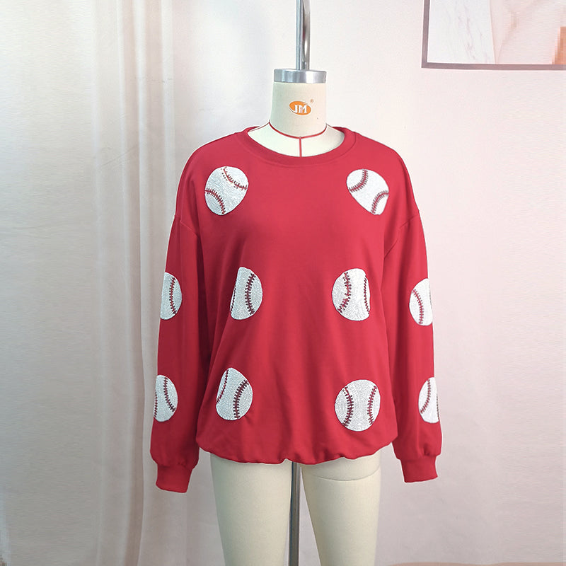 Spring Popular Baseball Sequined Sweater Lazy Long Sleeve Tops Outerwear Women