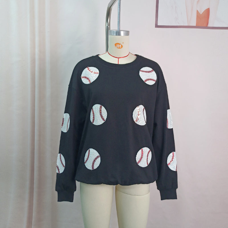 Spring Popular Baseball Sequined Sweater Lazy Long Sleeve Tops Outerwear Women