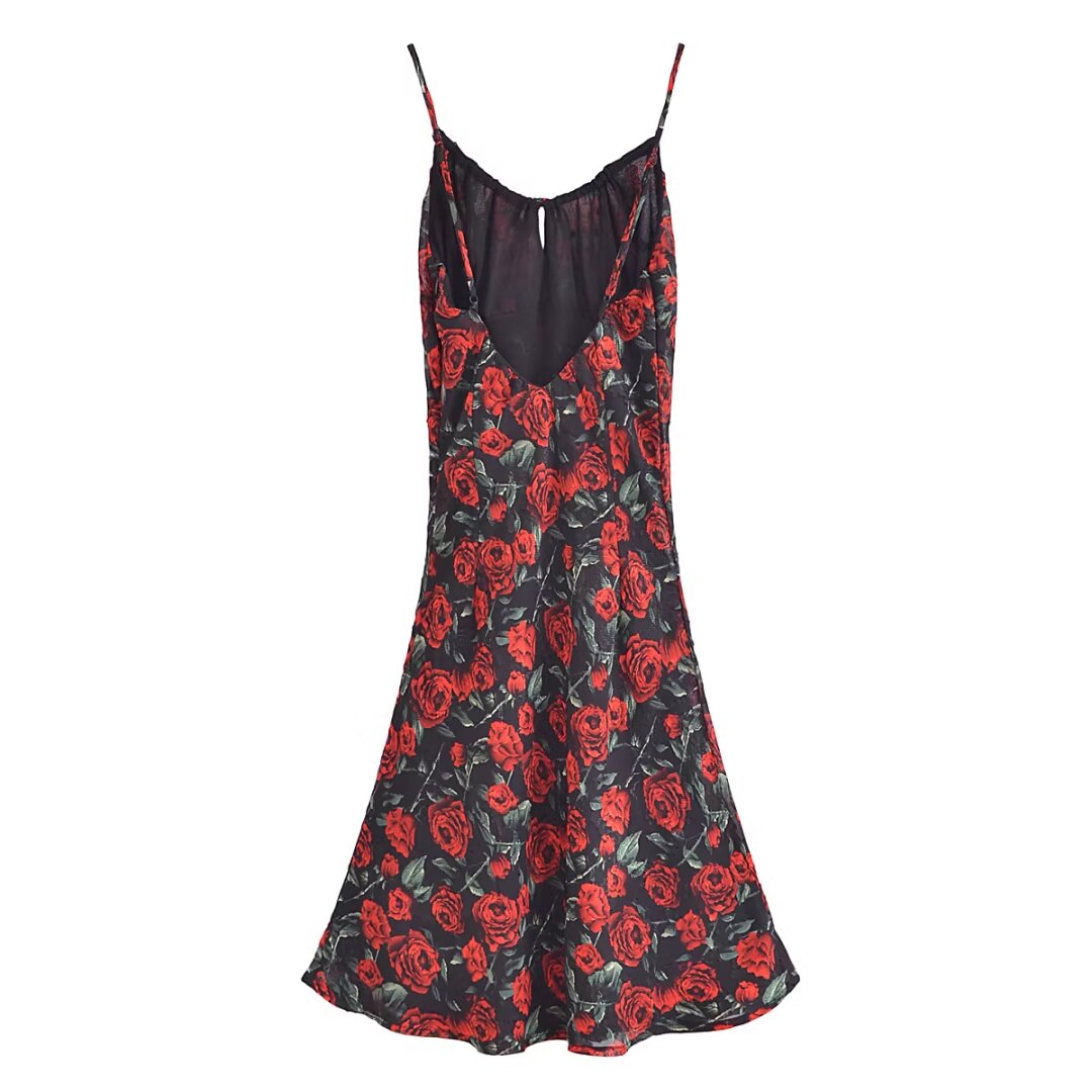 Women Rose Jacquard Printed Slim Waist Mini Strap Dress