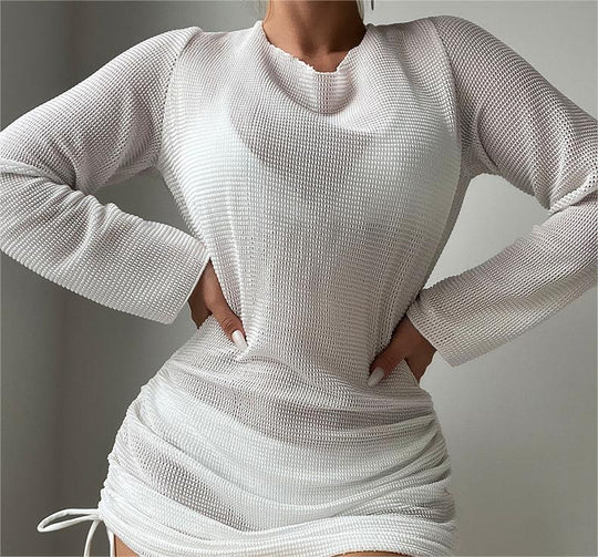 Beach Cover Up White Sexy Backless Mesh Long Sleeve Sun Protection Overshirt Swimsuit Outerwear Shirt