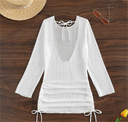 Beach Cover Up White Sexy Backless Mesh Long Sleeve Sun Protection Overshirt Swimsuit Outerwear Shirt