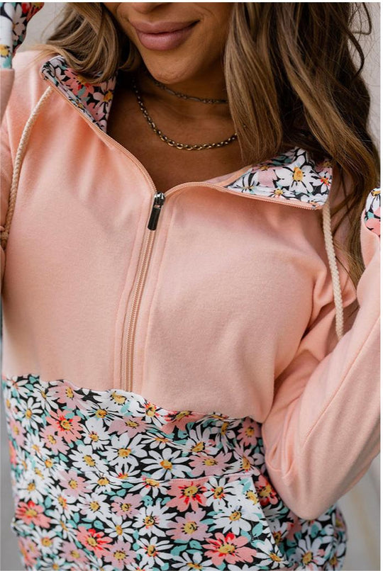 Casual Floral Print Pullover for Women Autumn Loose Half Zipper Contrast Color Hooded Sweatshirt for Women