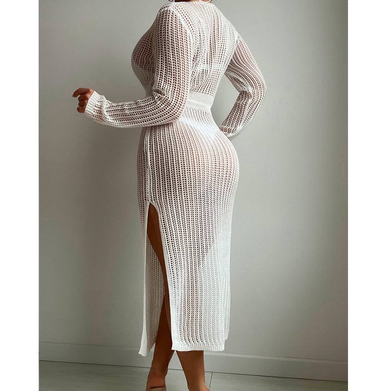 Sexy Hollow Out Cutout Knitted Deep V Plunge Lace up Waist Controlled Long Sleeve Split Skirt Vacation Dress Swimsuit Blouse