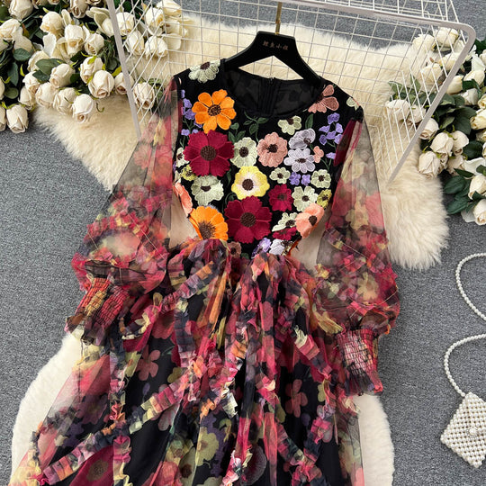 High Grade Round Neck Long Sleeve Three Dimensional Floral Embroidery Stitching Mesh Tulle Tutu Dress Women Waist Slimming Organza