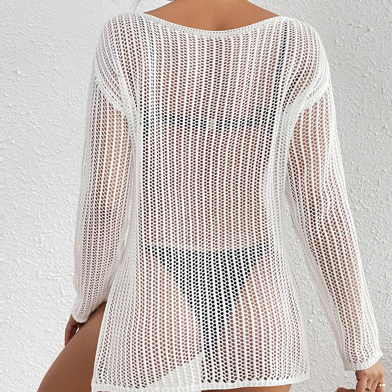 Mid Length Loose Diagonal Collar Pullover Knitting Hollow Out Cutout out See through Sexy Beach Sunscreen Beach Cover Up