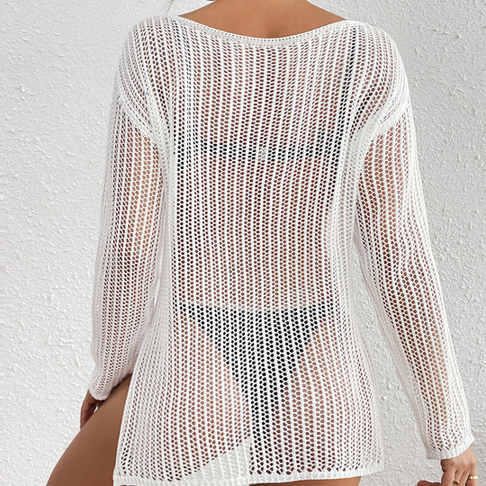 Mid Length Loose Diagonal Collar Pullover Knitting Hollow Out Cutout out See through Sexy Beach Sunscreen Beach Cover Up