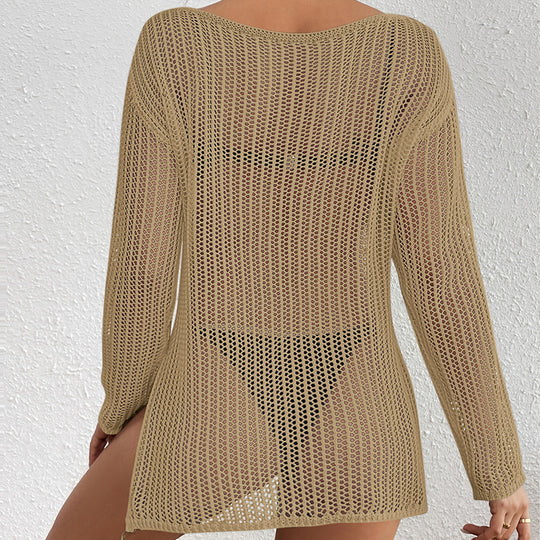 Mid Length Loose Diagonal Collar Pullover Knitting Hollow Out Cutout out See through Sexy Beach Sunscreen Beach Cover Up