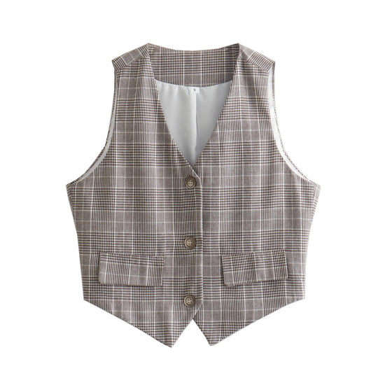 Autumn Winter French Plaid Waist Tight Vest