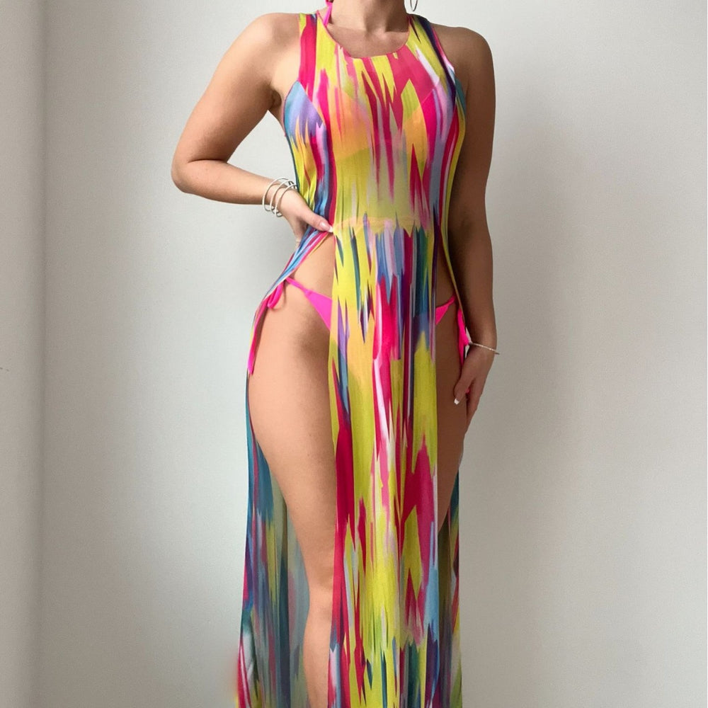 Rainbow Printing Halter Beach Cover Up Three Piece Set Sexy Swimsuit