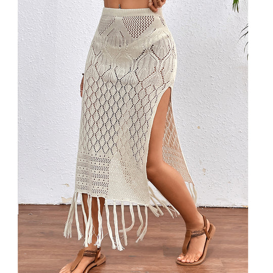 High Slit Tassel Sexy Texture Skirt Beach Vacation Bikini Overskirt