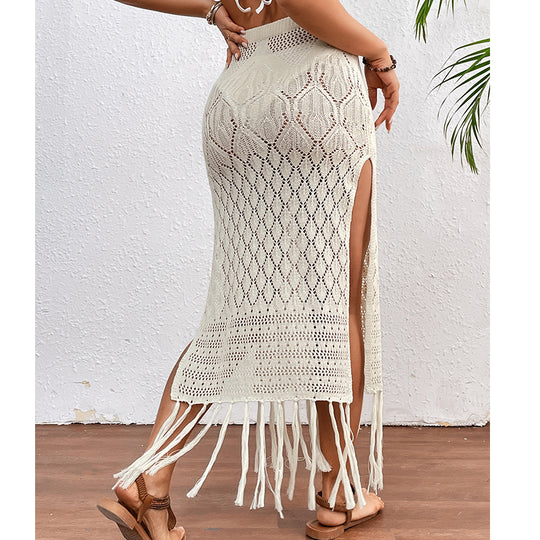 High Slit Tassel Sexy Texture Skirt Beach Vacation Bikini Overskirt