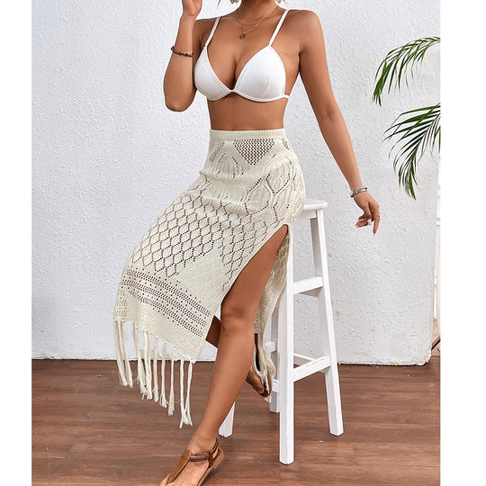 High Slit Tassel Sexy Texture Skirt Beach Vacation Bikini Overskirt