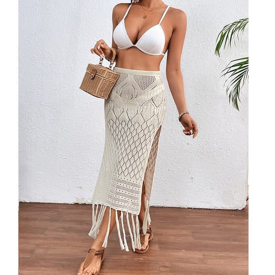 High Slit Tassel Sexy Texture Skirt Beach Vacation Bikini Overskirt