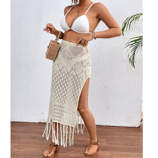 High Slit Tassel Sexy Texture Skirt Beach Vacation Bikini Overskirt