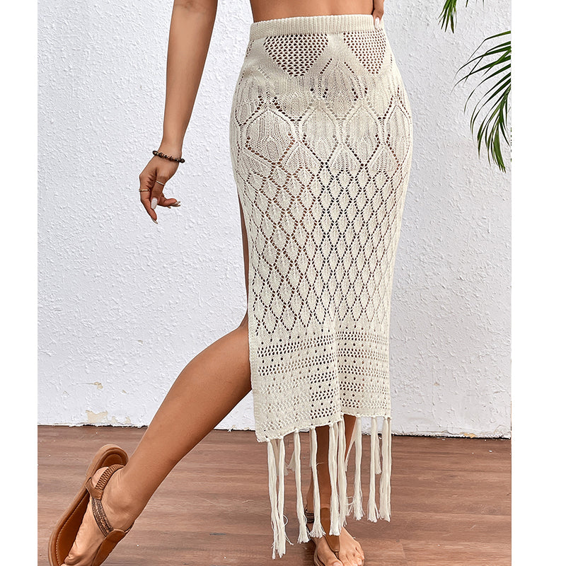 High Slit Tassel Sexy Texture Skirt Beach Vacation Bikini Overskirt