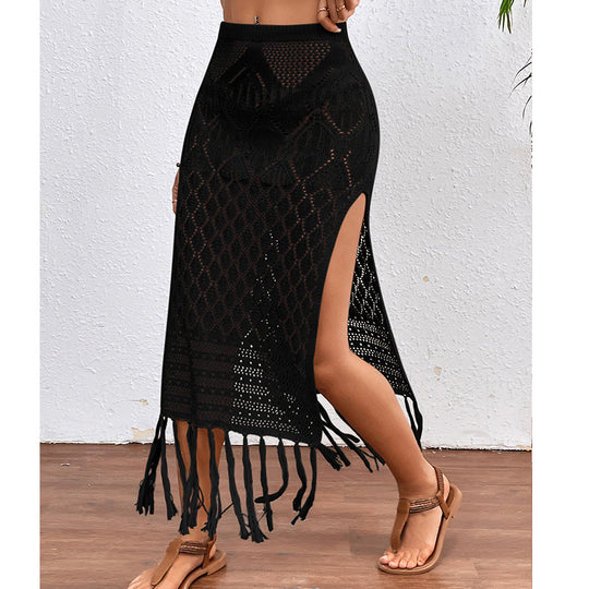 High Slit Tassel Sexy Texture Skirt Beach Vacation Bikini Overskirt