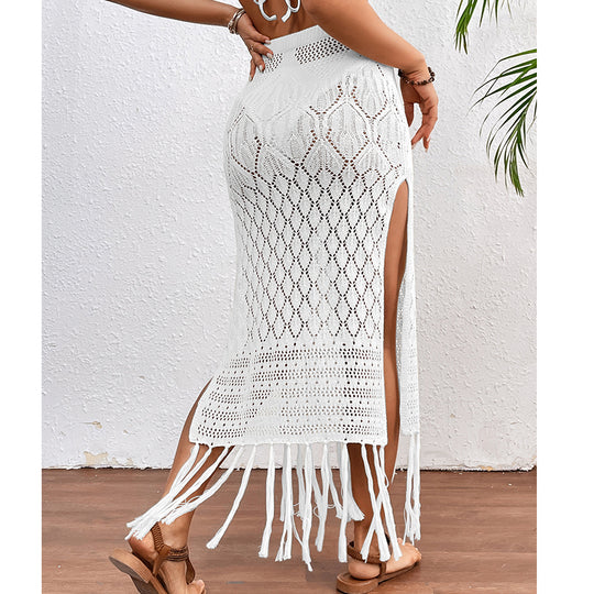 High Slit Tassel Sexy Texture Skirt Beach Vacation Bikini Overskirt