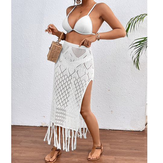 High Slit Tassel Sexy Texture Skirt Beach Vacation Bikini Overskirt