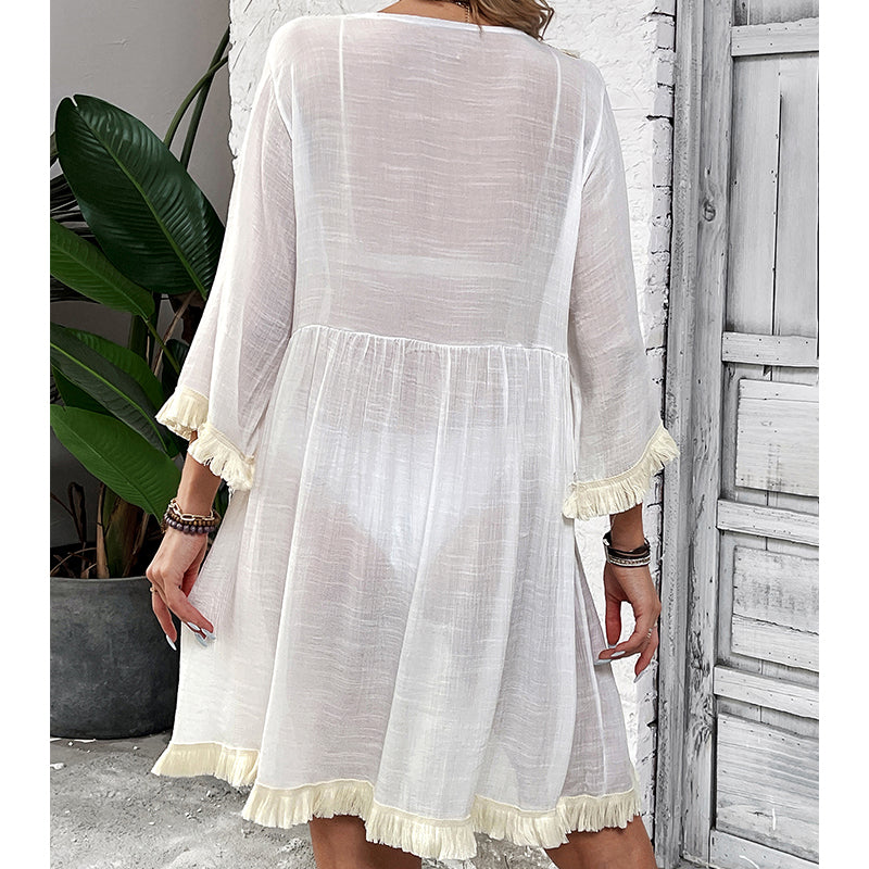 Women Clothing Holiday Neckline Lace Decorative Beach Blouse Holiday Sun Protection Loose Blouse