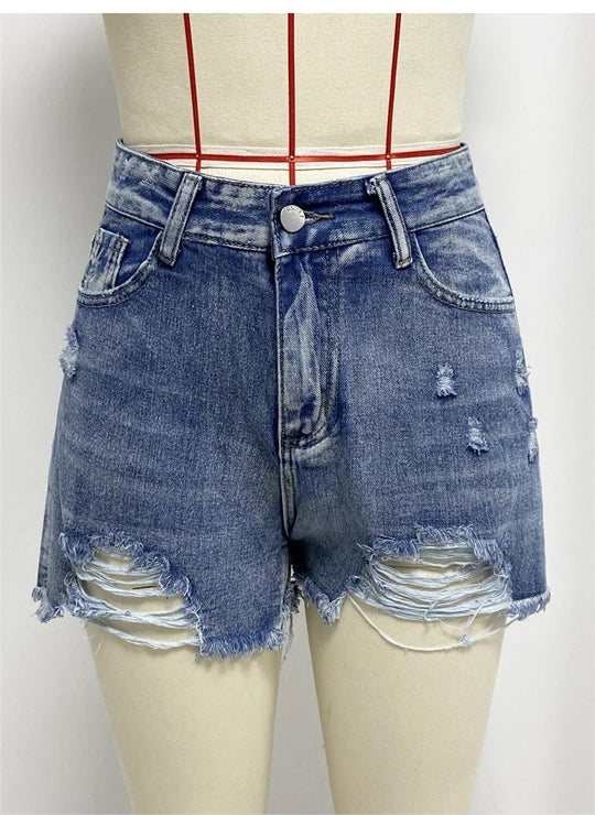 Summer Ripped Sexy Denim Shorts Women High Waist A Line Burr Pants