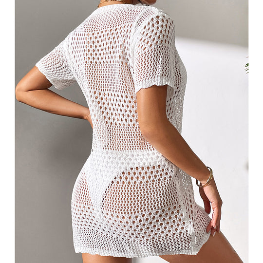 Women Clothes Sexy Cutout Short Sleeve Casual Bikini Cover Up Swimsuit Blouse Beach Sun Protection Shirt