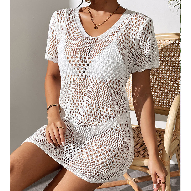 Women Clothes Sexy Cutout Short Sleeve Casual Bikini Cover Up Swimsuit Blouse Beach Sun Protection Shirt