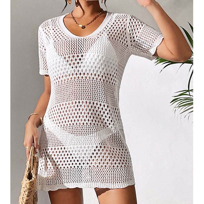 Women Clothes Sexy Cutout Short Sleeve Casual Bikini Cover Up Swimsuit Blouse Beach Sun Protection Shirt