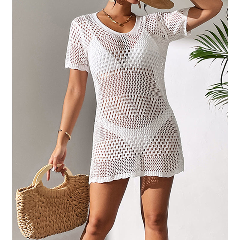 Women Clothes Sexy Cutout Short Sleeve Casual Bikini Cover Up Swimsuit Blouse Beach Sun Protection Shirt