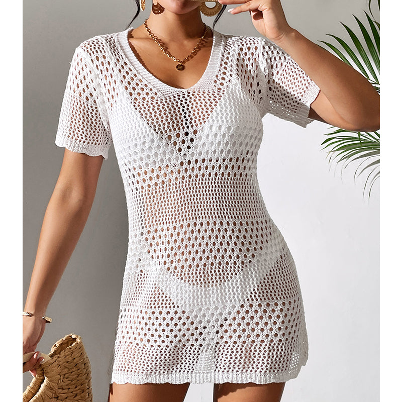 Women Clothes Sexy Cutout Short Sleeve Casual Bikini Cover Up Swimsuit Blouse Beach Sun Protection Shirt