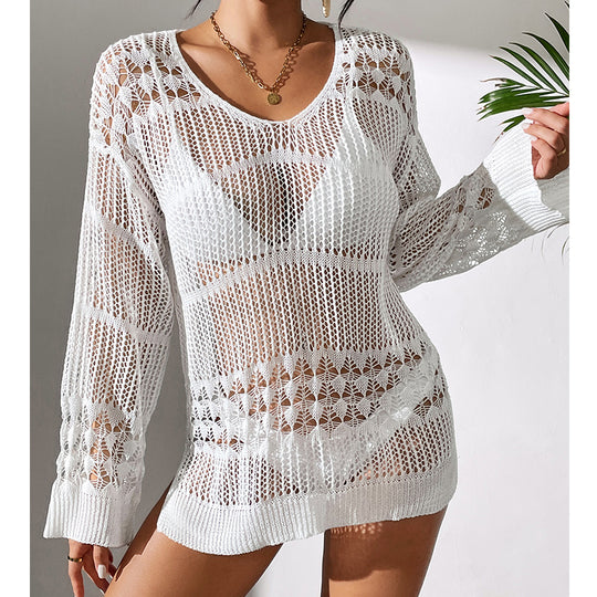 Holiday Sexy Hollow Out Cutout Texture Loose Pullover Sun Protection Shirt Mid Length Beach Blouse