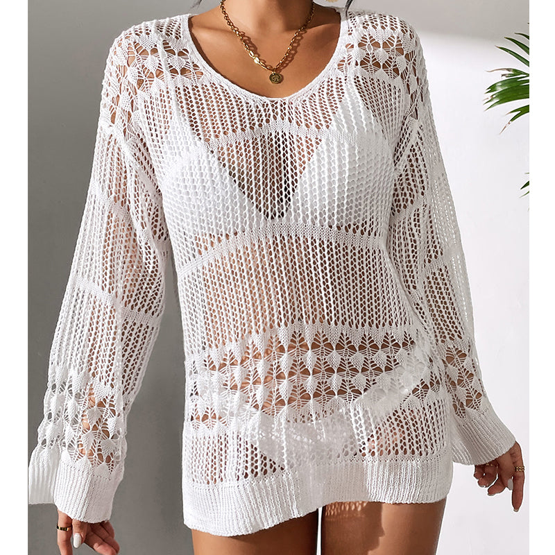 Holiday Sexy Hollow Out Cutout Texture Loose Pullover Sun Protection Shirt Mid Length Beach Blouse