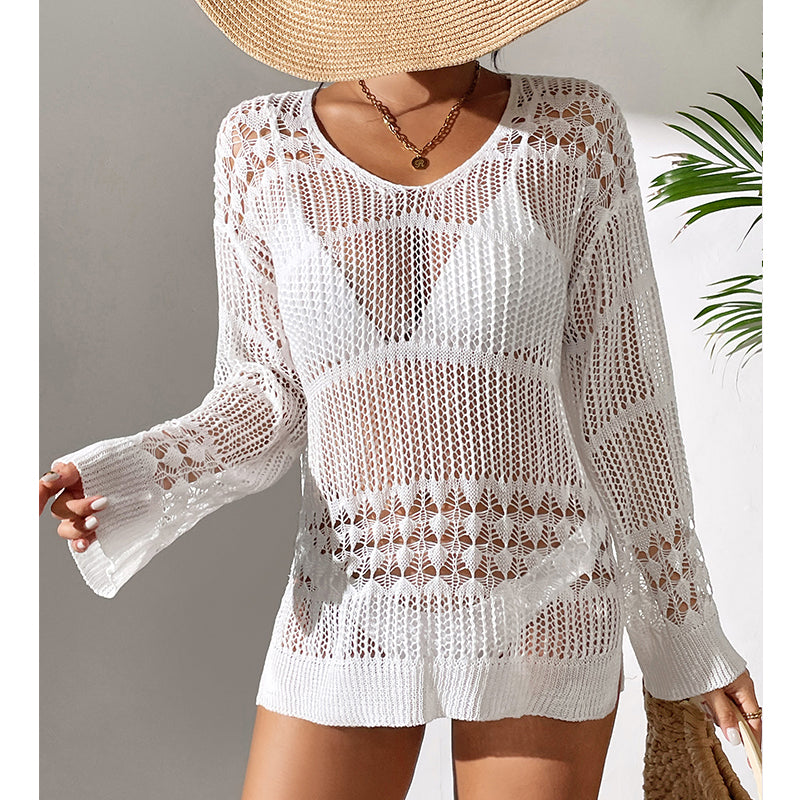 Holiday Sexy Hollow Out Cutout Texture Loose Pullover Sun Protection Shirt Mid Length Beach Blouse