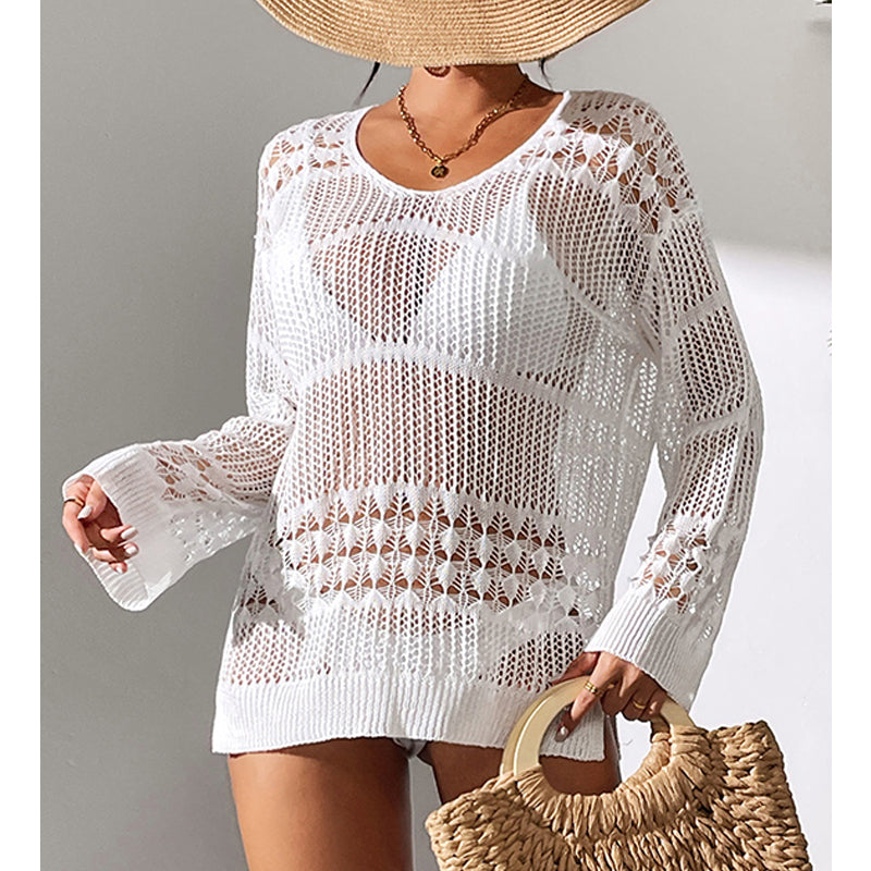 Holiday Sexy Hollow Out Cutout Texture Loose Pullover Sun Protection Shirt Mid Length Beach Blouse