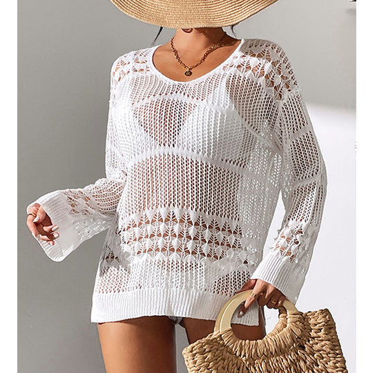 Holiday Sexy Hollow Out Cutout Texture Loose Pullover Sun Protection Shirt Mid Length Beach Blouse