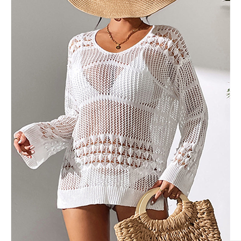 Holiday Sexy Hollow Out Cutout Texture Loose Pullover Sun Protection Shirt Mid Length Beach Blouse