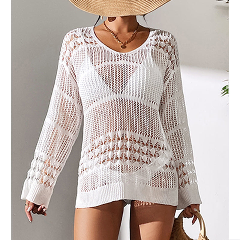 Holiday Sexy Hollow Out Cutout Texture Loose Pullover Sun Protection Shirt Mid Length Beach Blouse