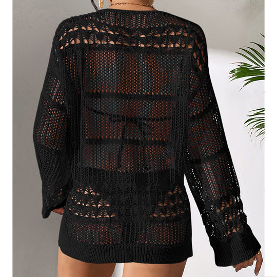 Holiday Sexy Hollow Out Cutout Texture Loose Pullover Sun Protection Shirt Mid Length Beach Blouse