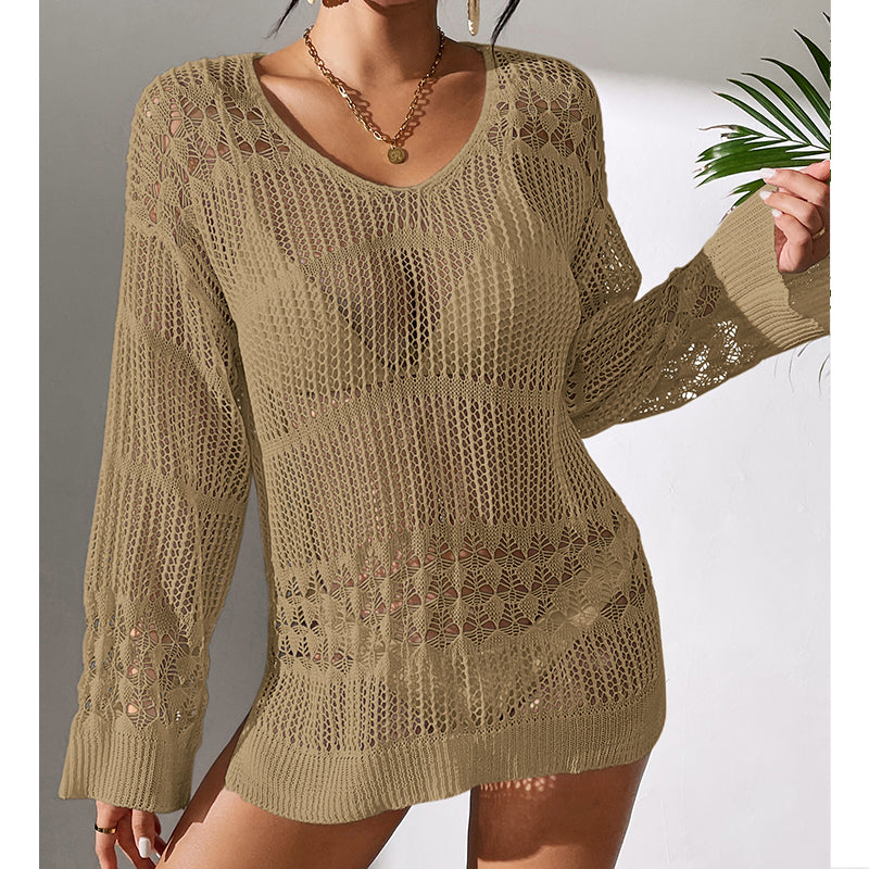 Holiday Sexy Hollow Out Cutout Texture Loose Pullover Sun Protection Shirt Mid Length Beach Blouse