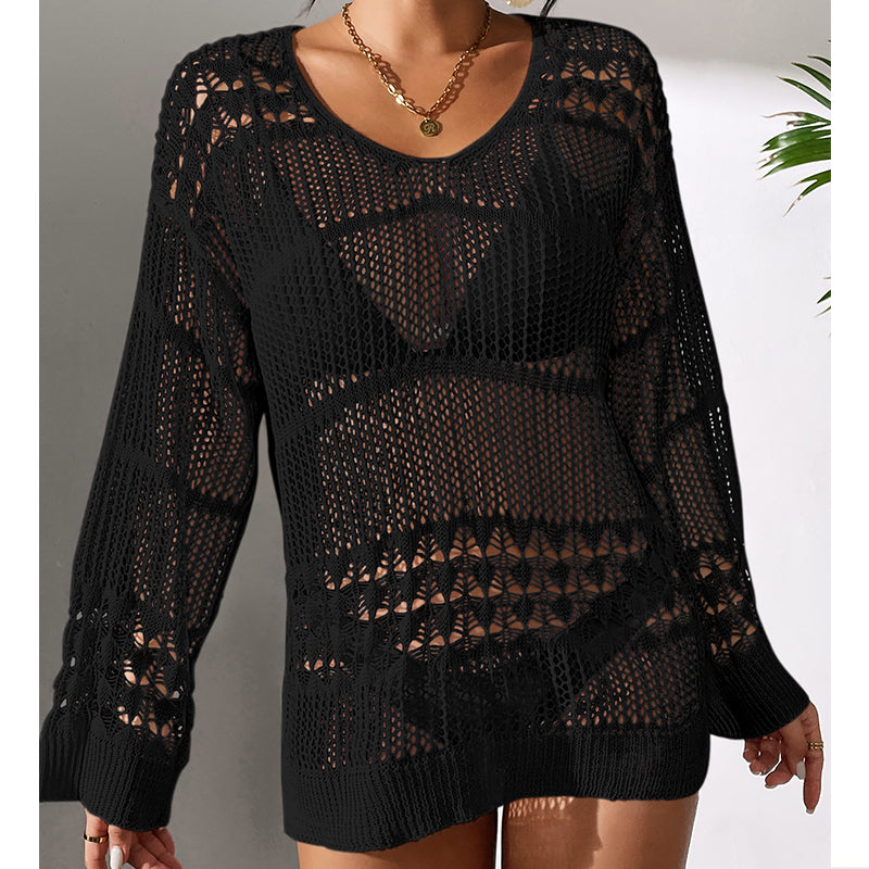 Holiday Sexy Hollow Out Cutout Texture Loose Pullover Sun Protection Shirt Mid Length Beach Blouse