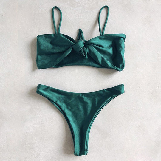 Solid Color Bikini Lace-up Bow Split Swimsuit Women Sexy Swimsuit