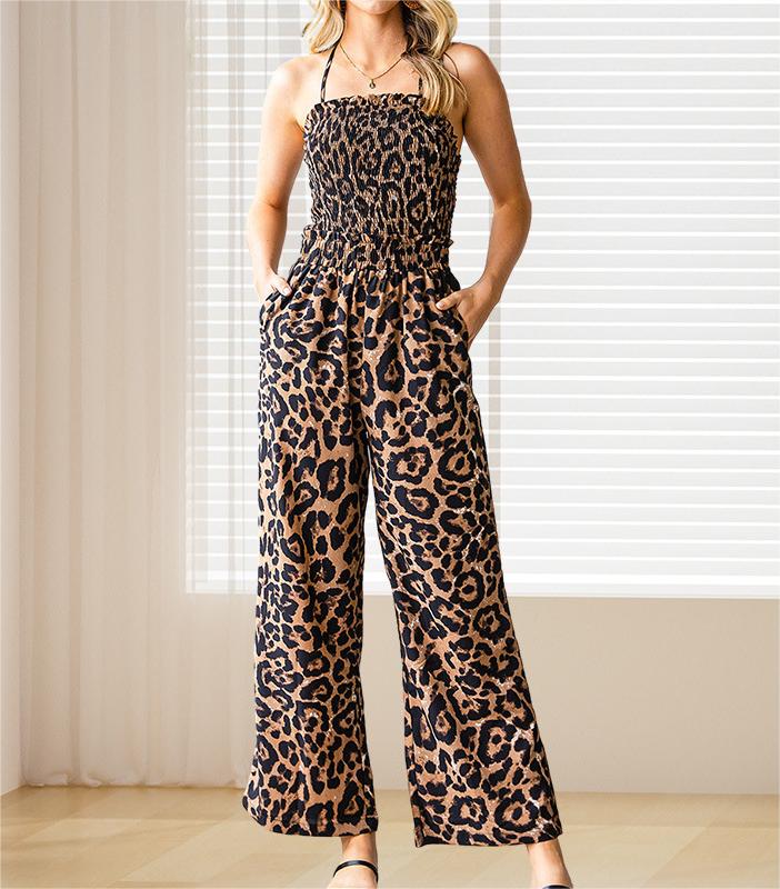 Summer Leopard Print Chest Wrapped Single Strap High Waist Belly Slimming Casual Jumpsuit Women