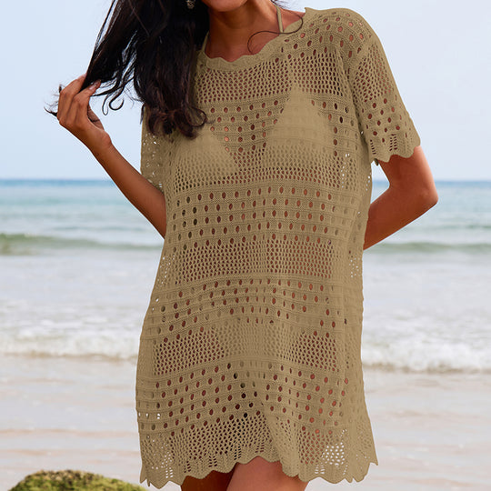 Sexy Hollow Out Cutout Texture Lace Collar Loose Pullover Mid Length Vacation Sun Protection Beach Blouse