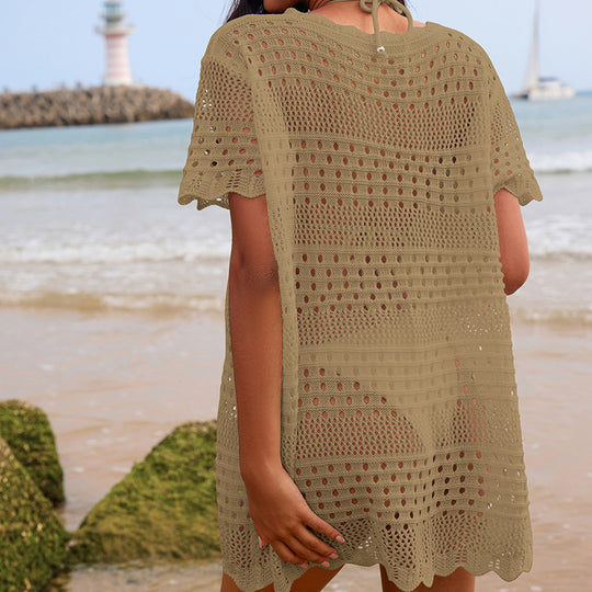 Sexy Hollow Out Cutout Texture Lace Collar Loose Pullover Mid Length Vacation Sun Protection Beach Blouse