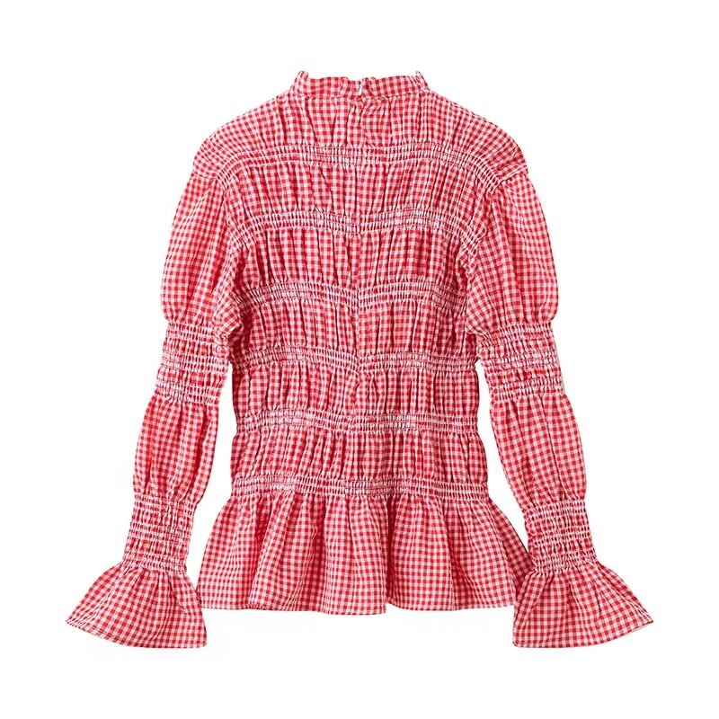 Spring Women Clothing Ruffles Pleated Design Plaid Top